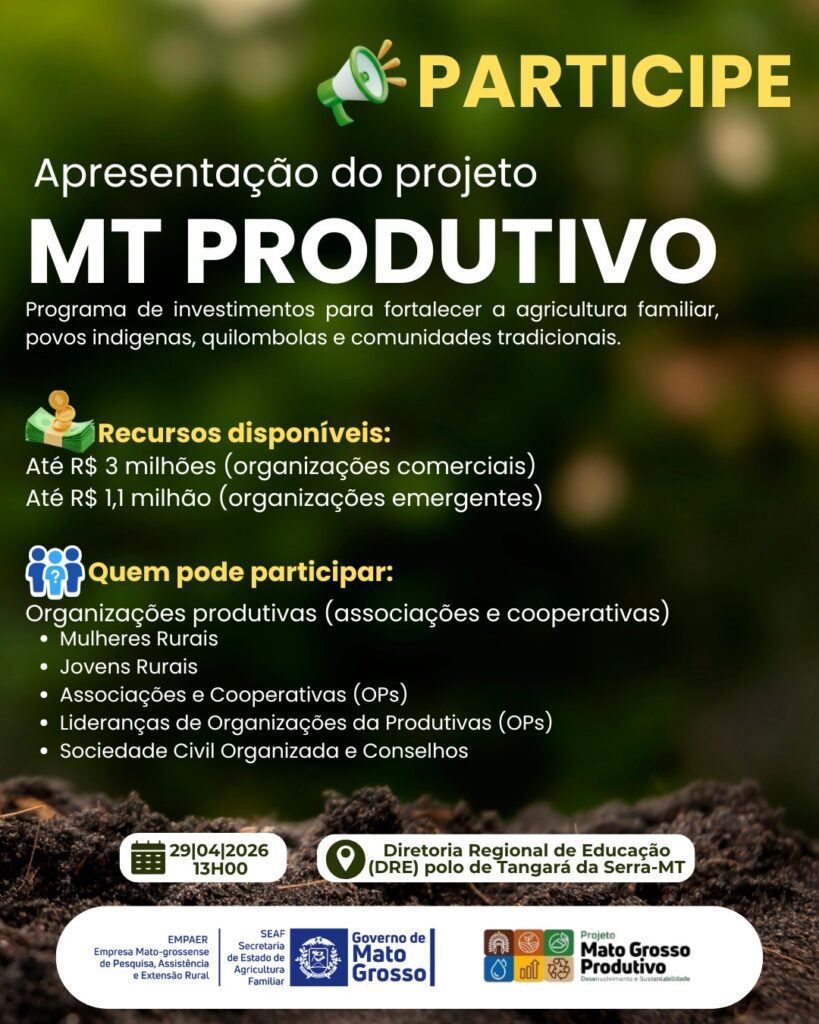 A imagem é um cartaz informativo com fundo verde escuro e detalhes em tons de terra e vegetação desfocada.
O cartaz anuncia a apresentação do projeto MT PRODUTIVO, um programa de investimentos para fortalecimento da agricultura familiar.