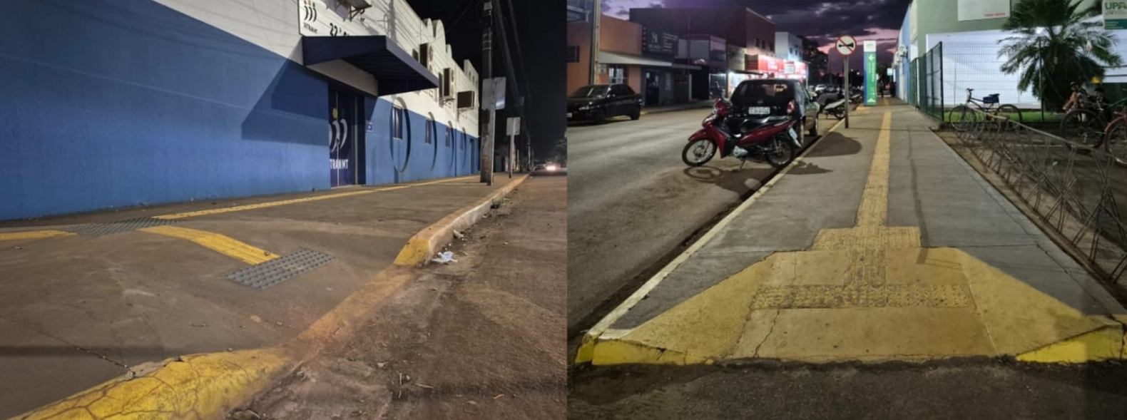 As imagens mostram lugares em que a acessibilidade funciona em Tangará da Serra - MT. Na primeira imagem do 22° CIDETRAN com paredes azul e branco, piso tátil em bom estado nas cores amarelo e azul. Na segunda imagem da UPA- Unidade de Pronto Atendimento possui uma rampa em destaque na cor amarelo e na lateral esquerda motos e carros estacionados e ao fundo na lateral direita esta o Hospital.